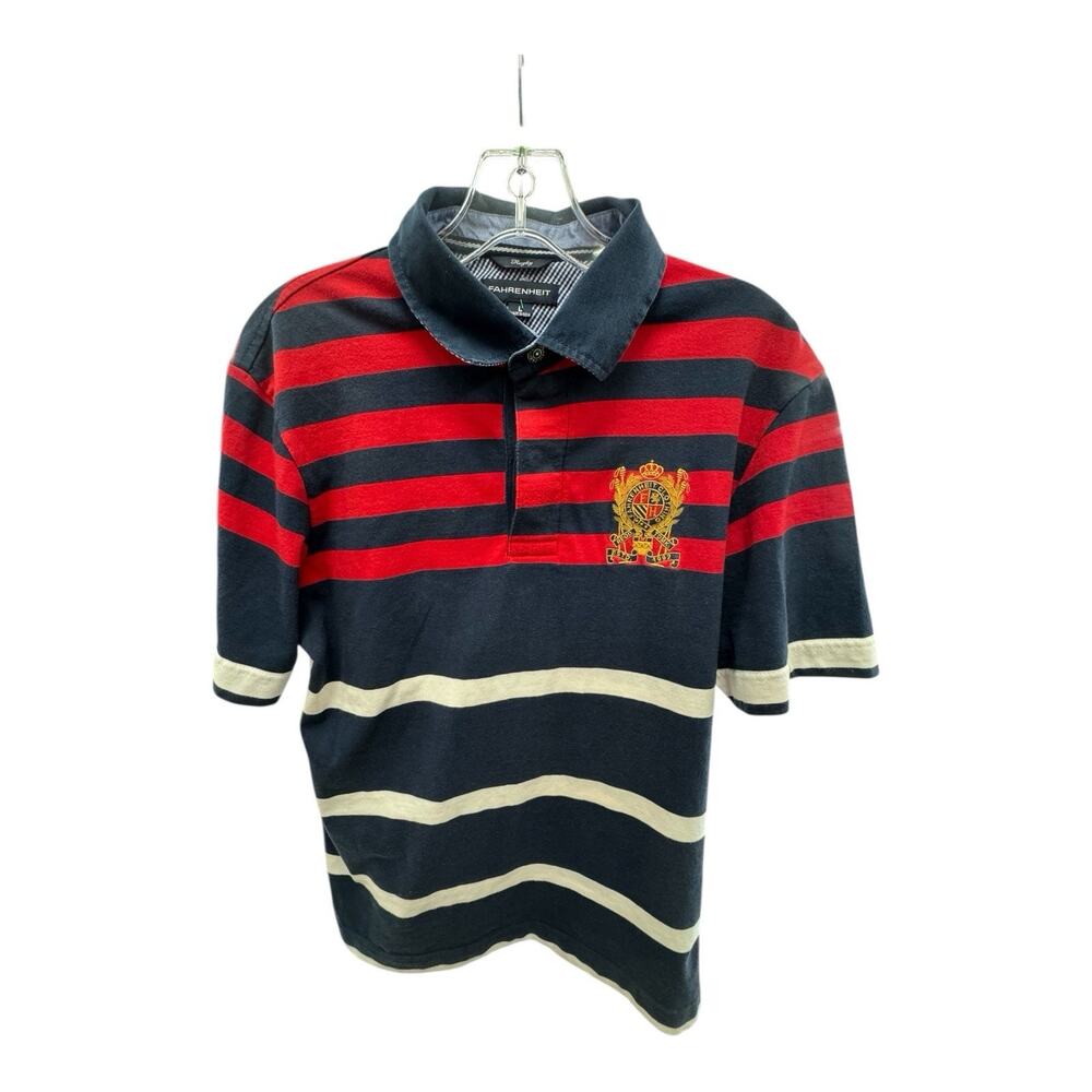 Fahrenheit Rugby Polo Short Sleeve Shirt L Red Blue Striped Crest Preppy Active